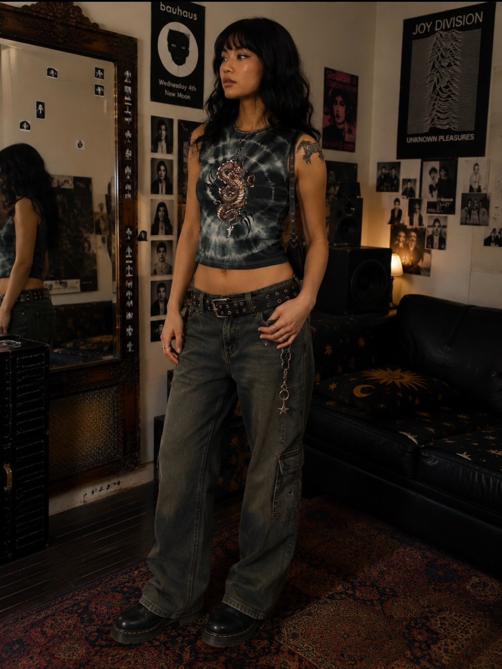 Tie-Dye Dragon Graphic Tank Top - Green & Brown
